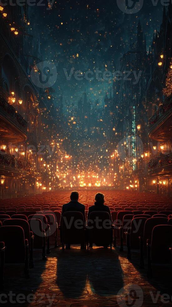 Couple watching a sparkling display in an elegant theater at night with vintage architecture and ornate details photo