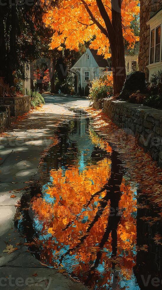 Colorful autumn leaves reflect in a tranquil puddle beside a picturesque street in a quaint neighborhood photo
