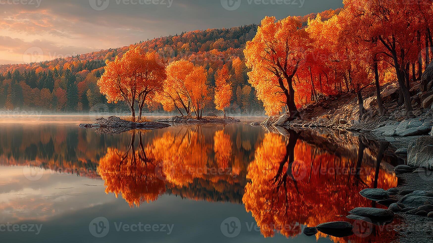 Vibrant autumn foliage reflects on calm water in a serene lakeside setting during early morning photo