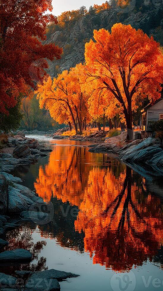 Autumn trees reflecting in calm river by rocky shore during sunset in a serene natural setting photo