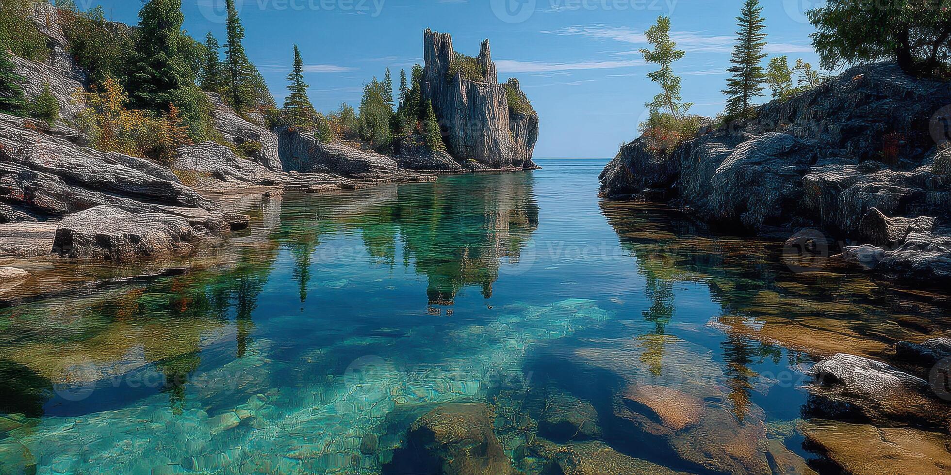 Beautiful rock formation surrounded by clear water and trees in a serene coastal landscape on a sunny day photo