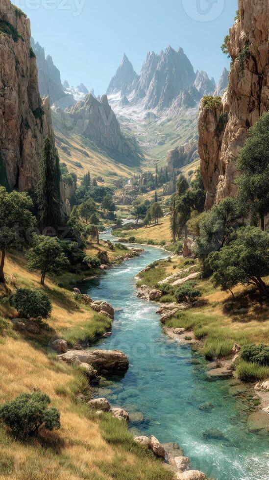 Majestic mountain valley with a clear river flowing through lush greenery on a sunny day photo