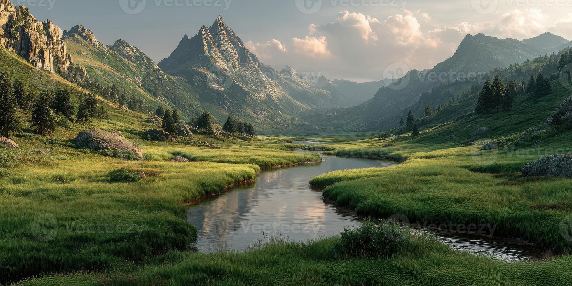 Scenic view of a tranquil river flowing through lush green valleys and mountains at sunset in a remote wilderness area photo