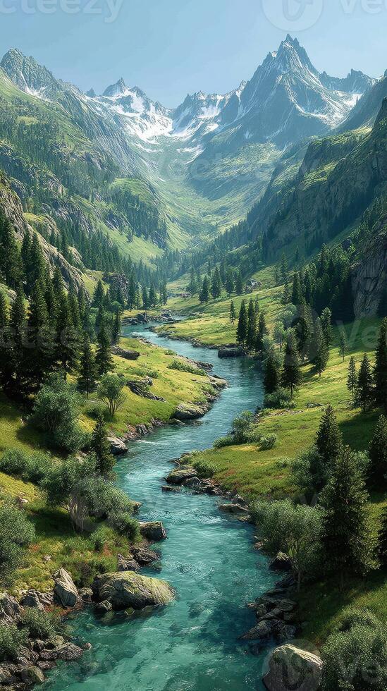Scenic mountain river flowing through a lush valley surrounded by snow-capped peaks under clear blue sky photo