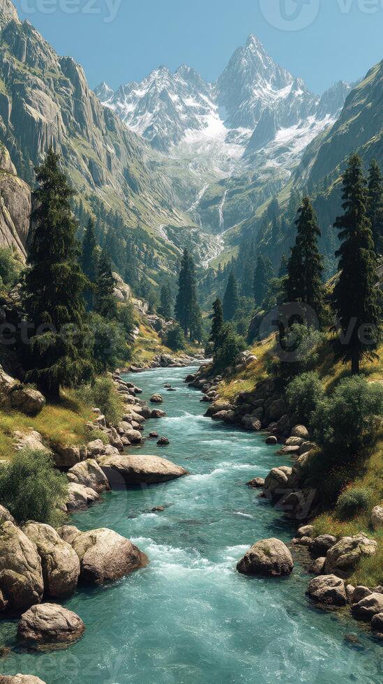 Winter landscape with snow-capped mountains and a flowing river in a serene valley during a bright day photo