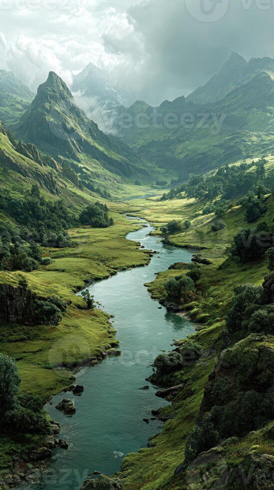Serene valley landscape with a winding river and lush green hills under cloudy skies photo
