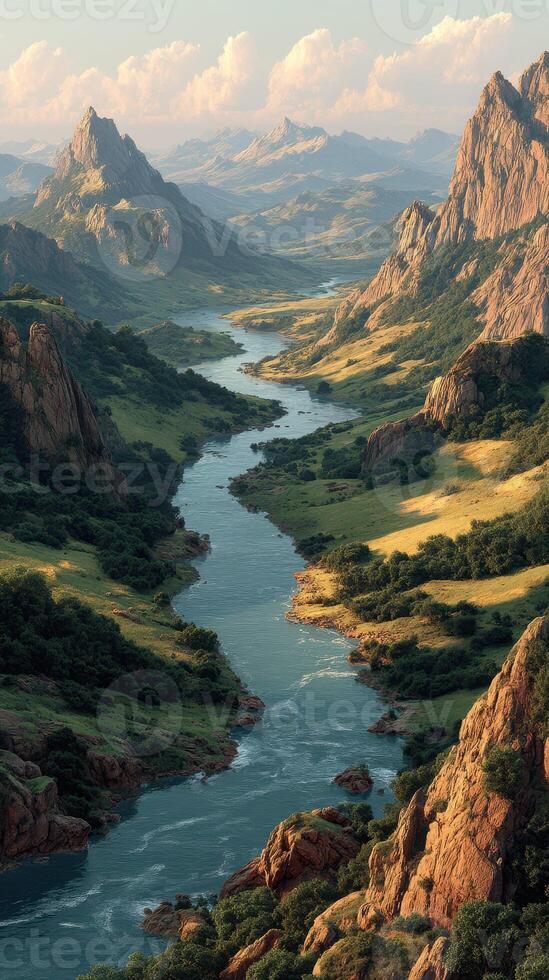 Serene landscape with river winding through mountains during golden hour in a tranquil setting photo