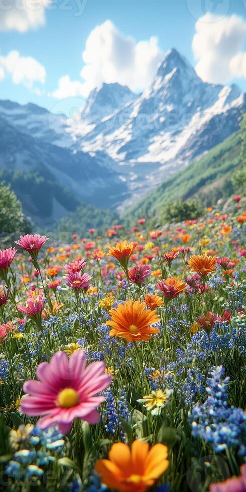 Vibrant wildflower meadow under the mountains on a sunny day in summer with colorful blooms and a clear blue sky photo