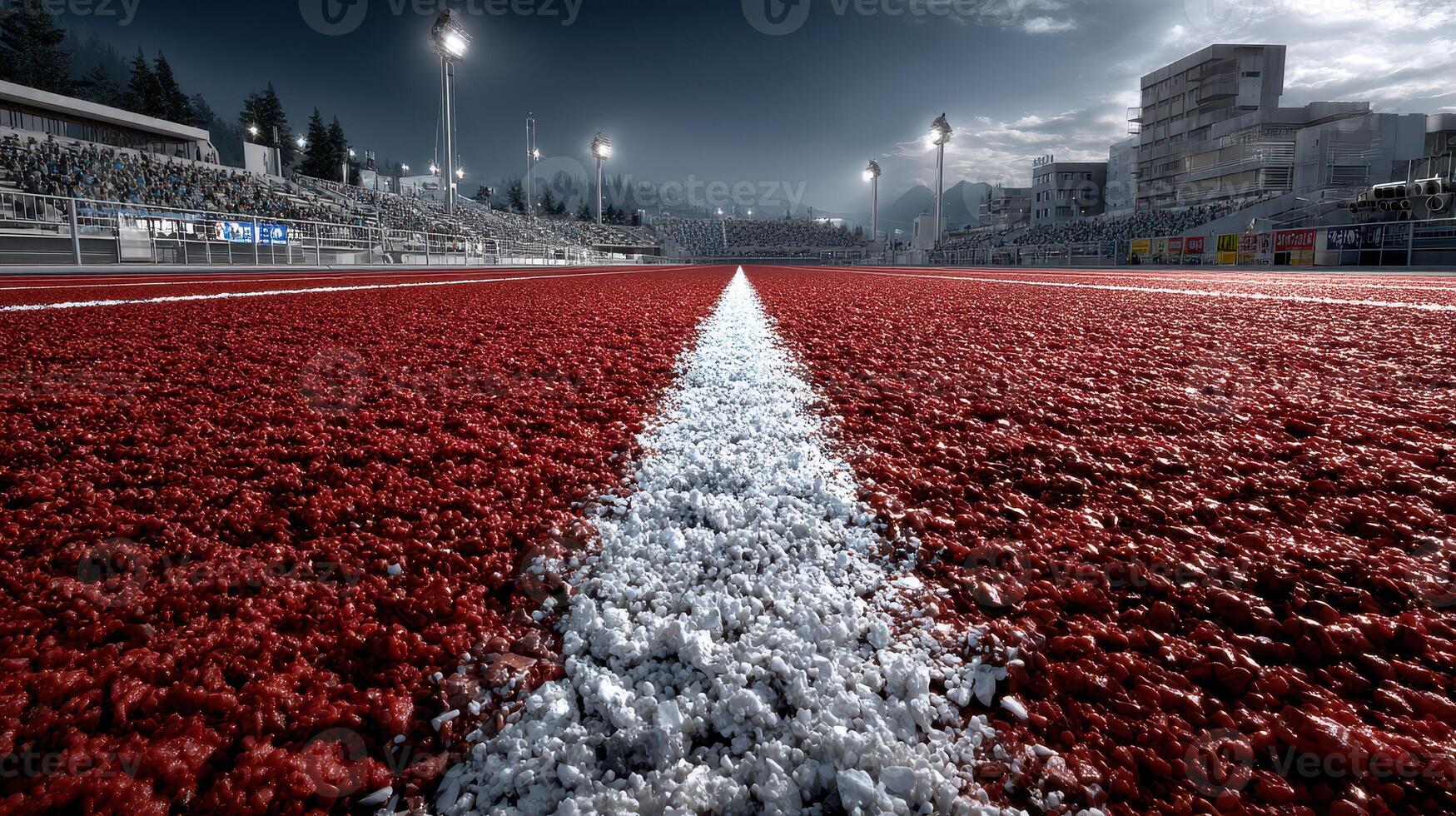 Red track stretches into the distance at an illuminated stadium during twilight hours photo