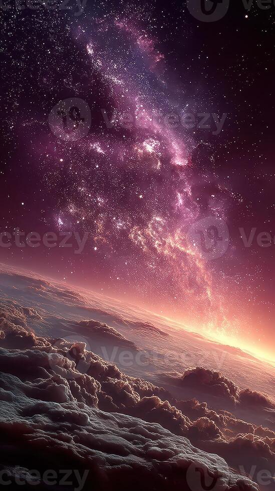 Cosmic view of galaxy and clouds above a vibrant horizon at twilight photo