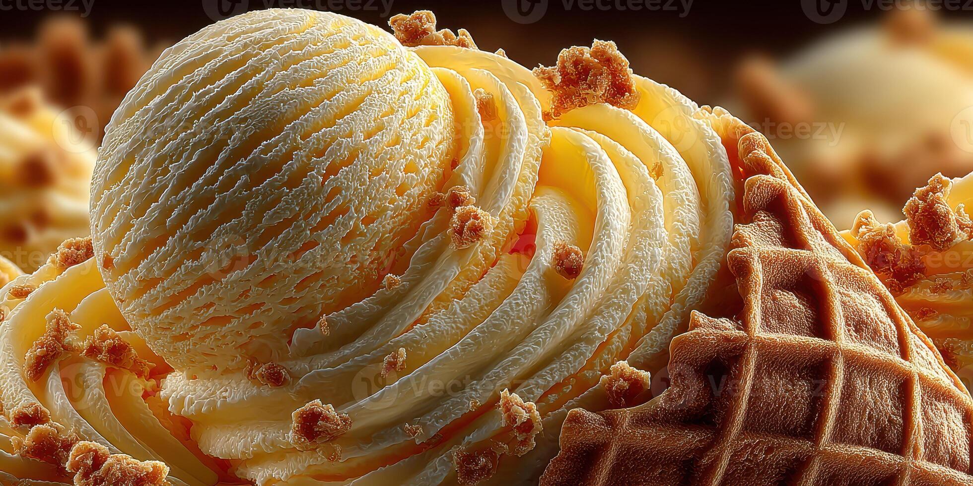Creamy vanilla ice cream topped with crunchy bits served in a waffle cone, perfect dessert treat for warm days photo