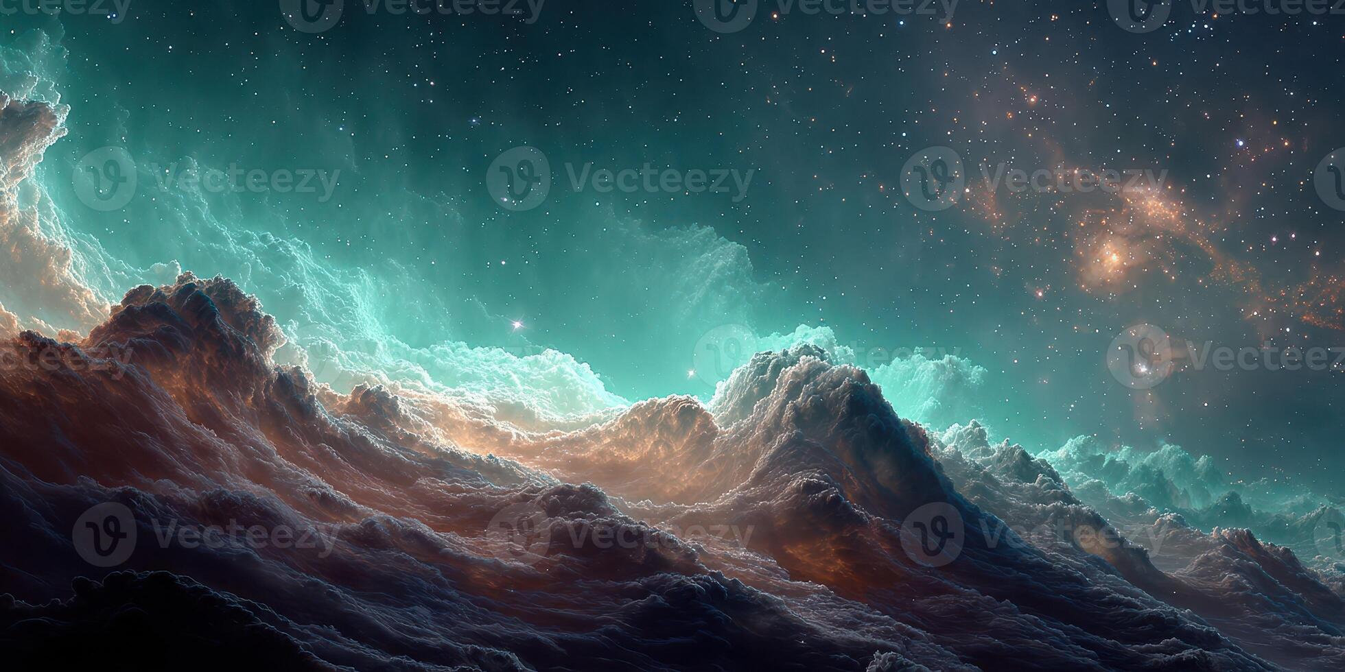 Vibrant cosmic landscape with swirling clouds and twinkling stars in a deep, serene night sky photo