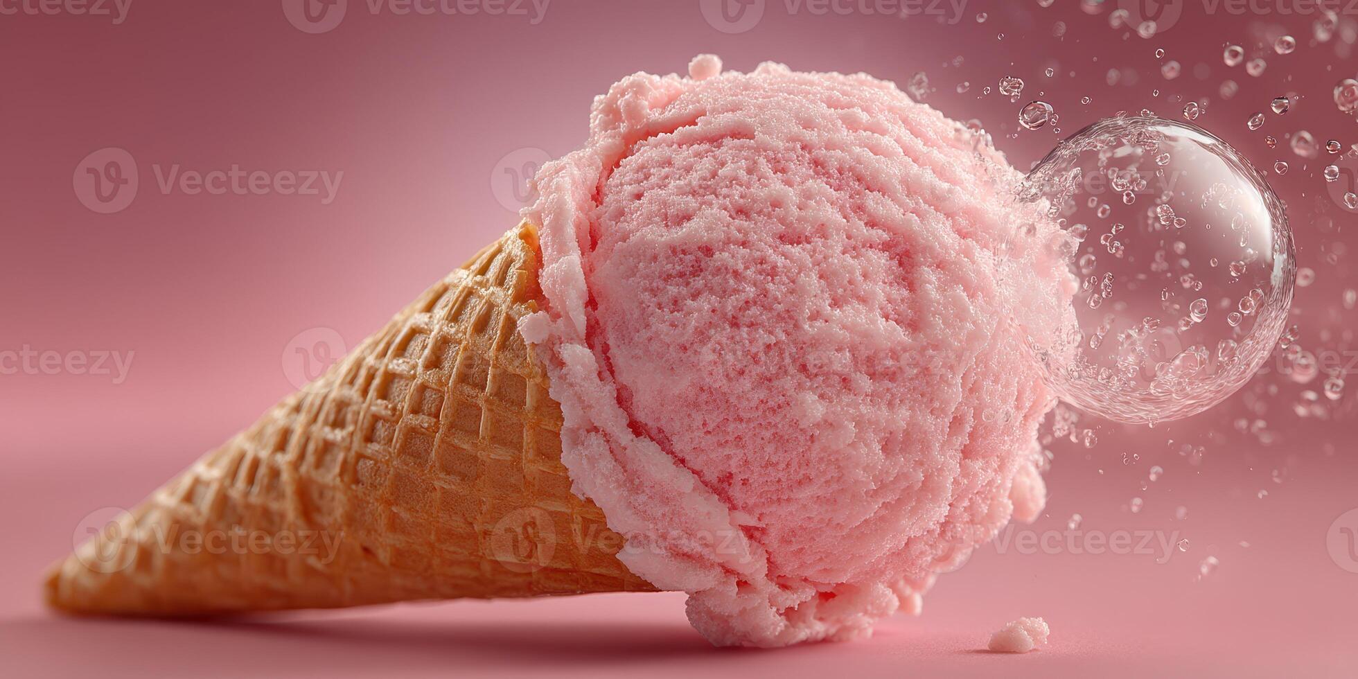 Bright pink ice cream cone with bubbles on a soft pink background creates a cheerful dessert experience for everyone photo