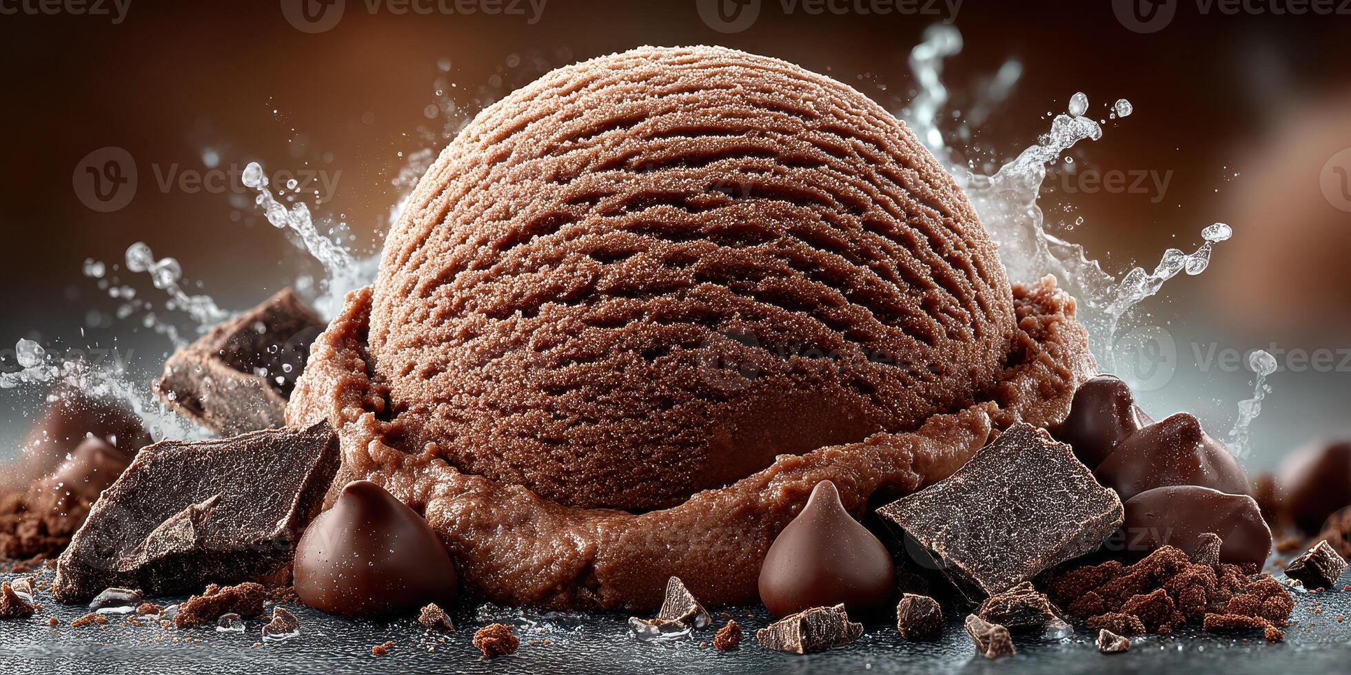 Decadent chocolate ice cream scoop surrounded by chocolate chunks in a delightful dessert setting photo