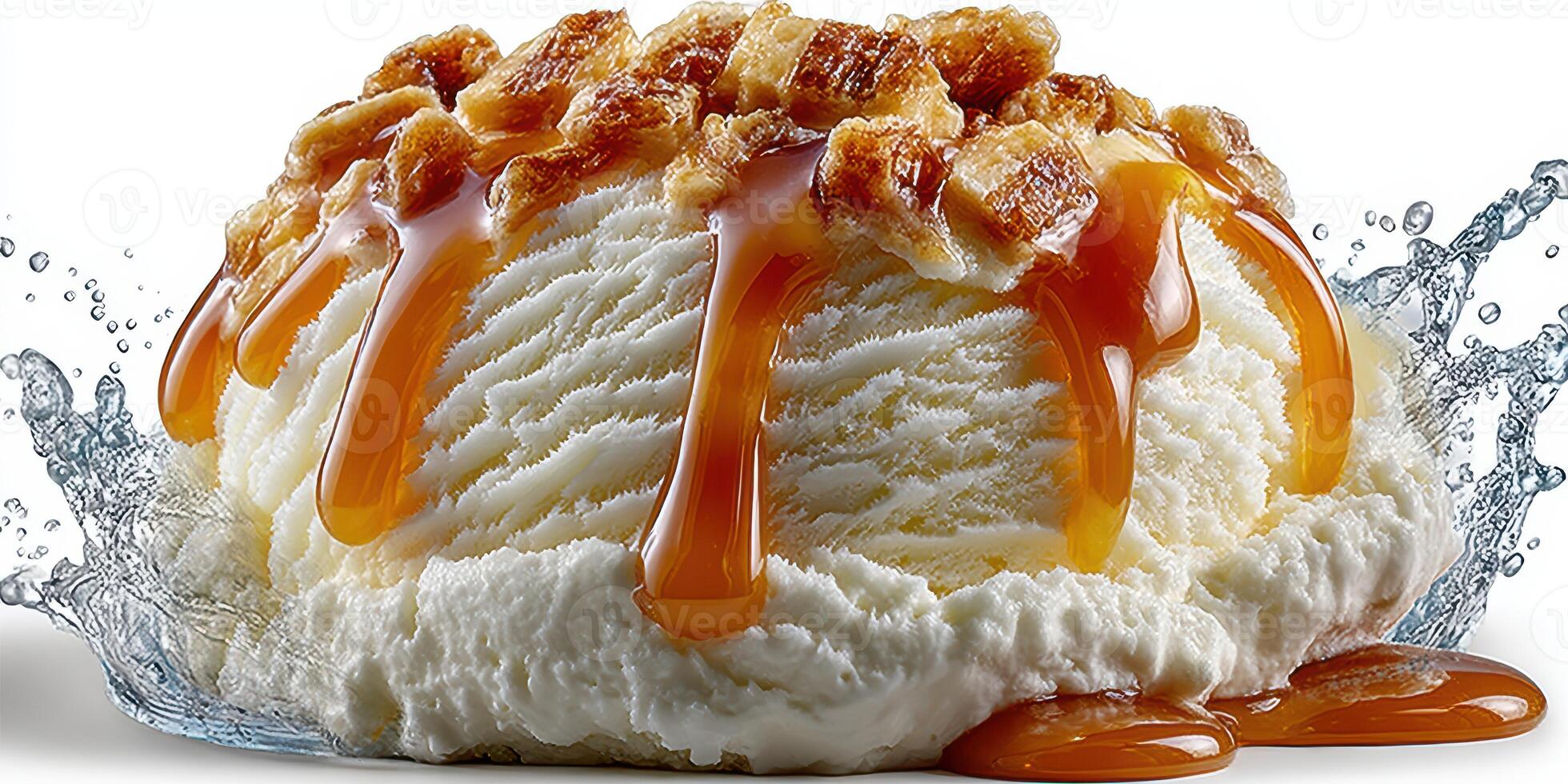 Delicious dessert topped with crunchy caramelized bananas and rich caramel sauce at a summer event photo