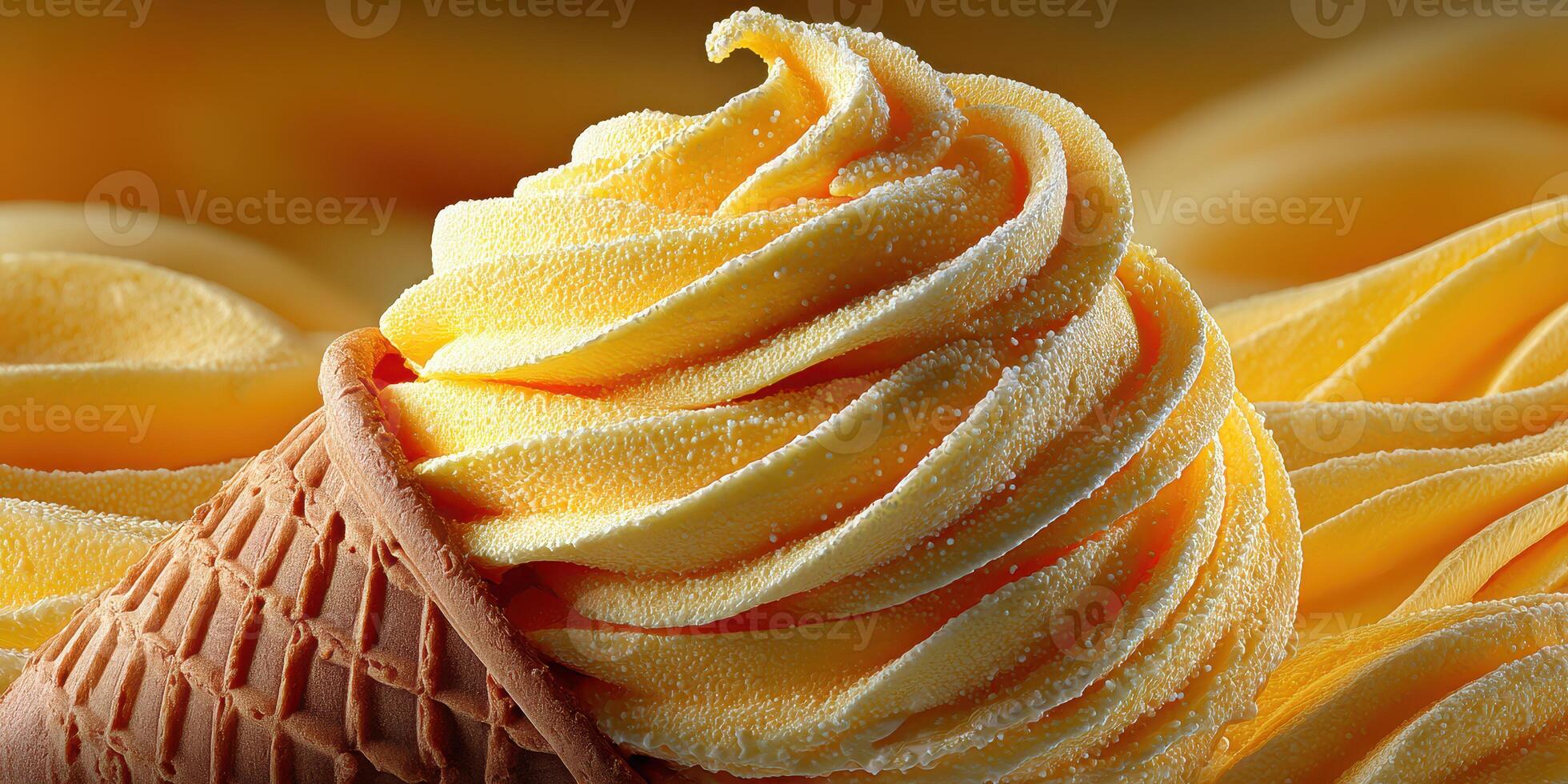 Delicious soft serve ice cream in a cone, topped with golden swirls and surrounded by creamy texture photo