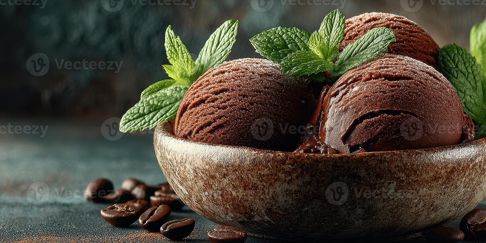 Chocolate ice cream scoops in a rustic bowl with mint leaves and coffee beans on a textured background photo
