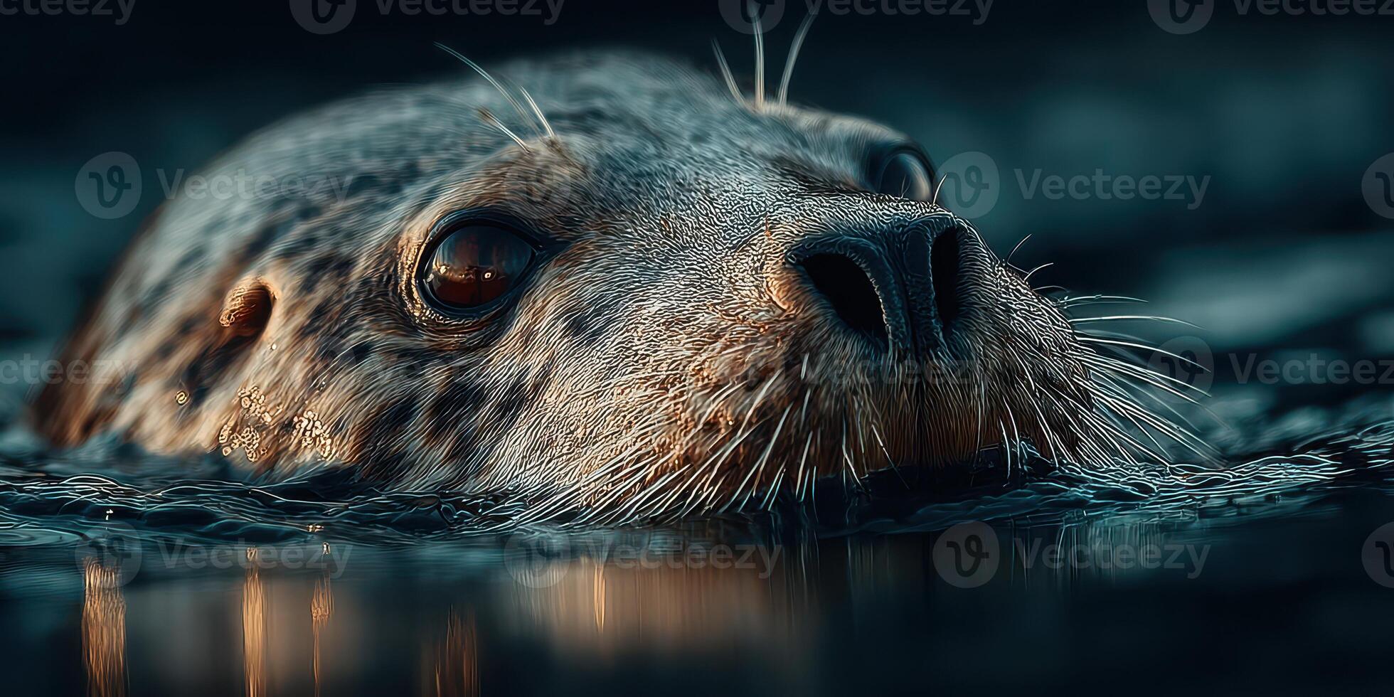 Seal swimming at twilight in calm water, showcasing natural beauty and serene environment photo