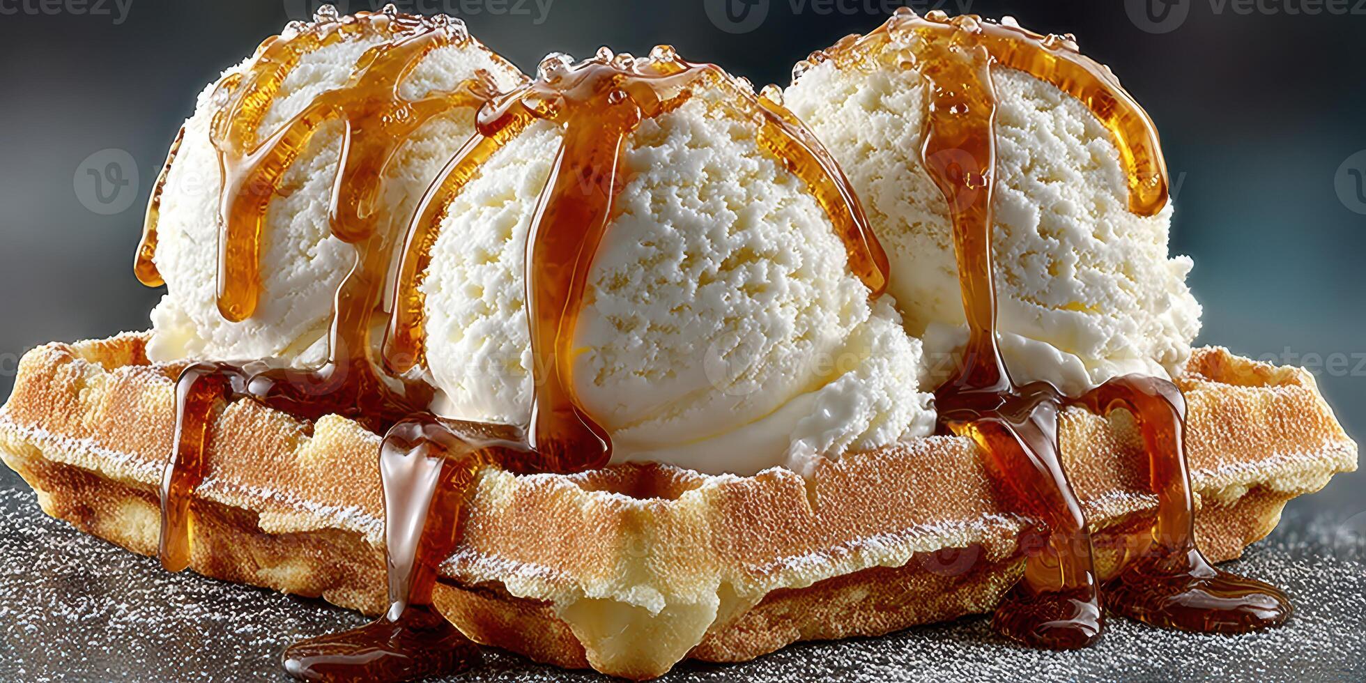 Delicious dessert featuring three scoops of vanilla ice cream on a waffle drizzled with syrup photo