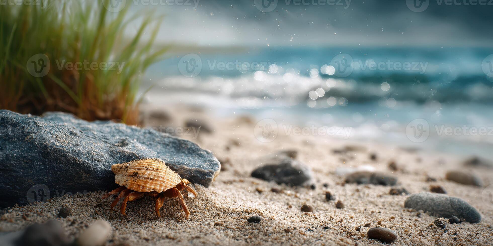Hermit crab exploring sandy shore near rocks and grass under bright sky photo