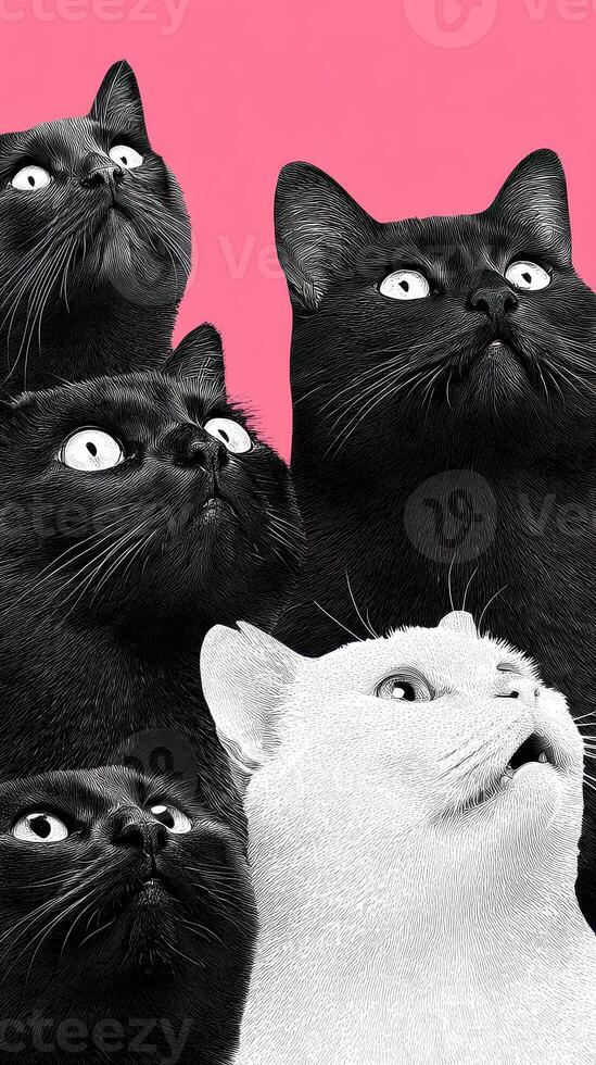 Unique illustration featuring black and white cats with expressive faces against a vibrant pink background photo