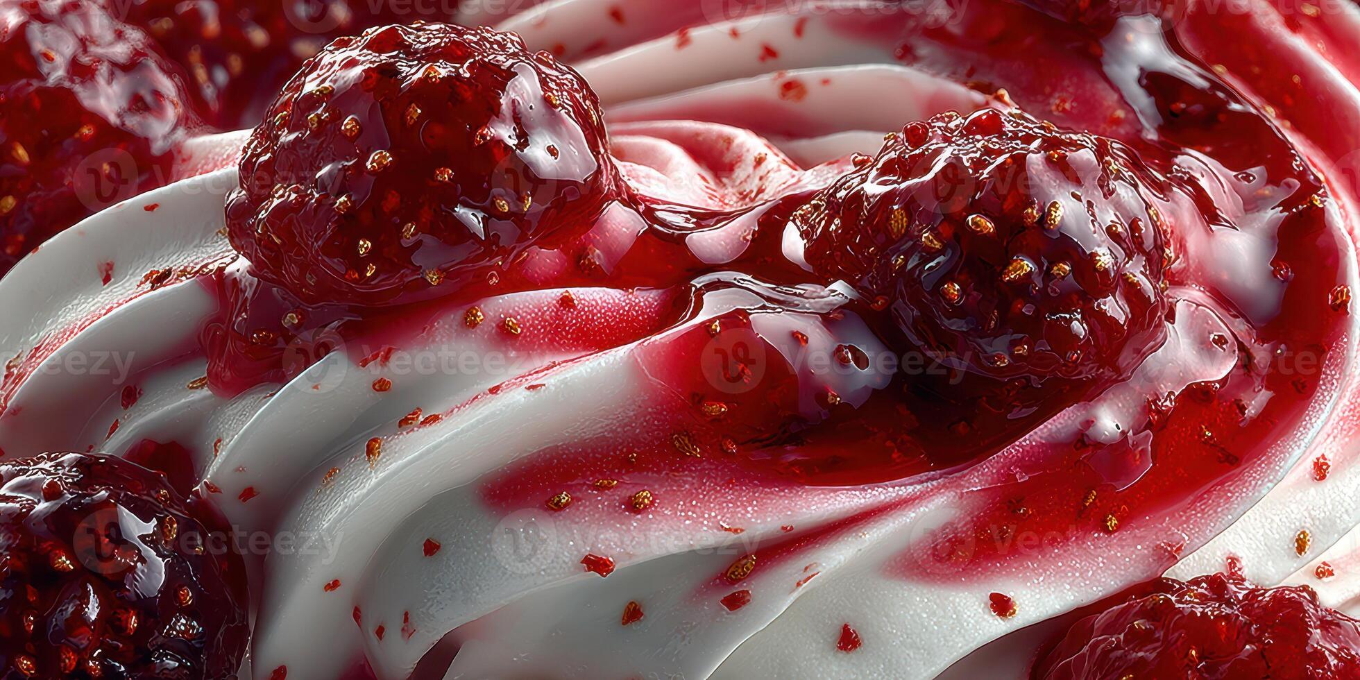 Swirls of creamy dessert topped with vibrant berry sauce and fresh raspberries in bright lighting photo