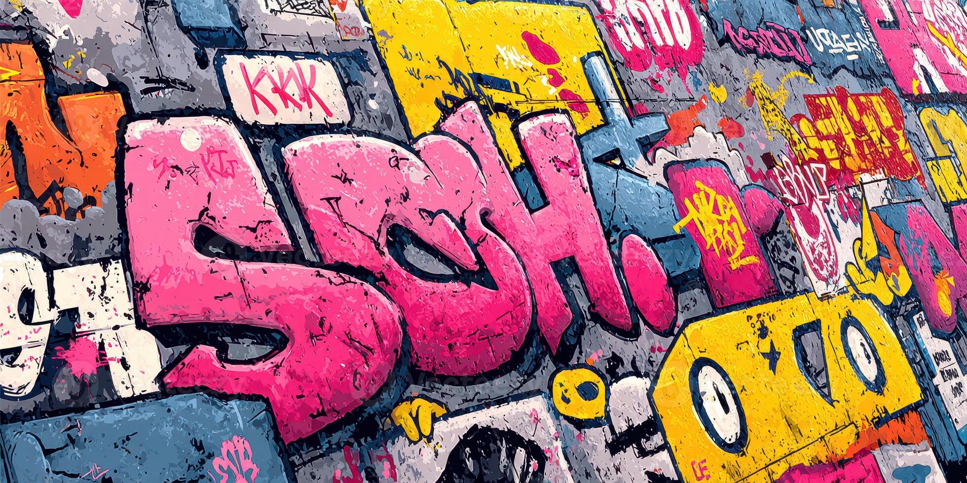 Colorful urban graffiti art showcasing bold designs and vibrant colors on a city wall in a lively neighborhood photo