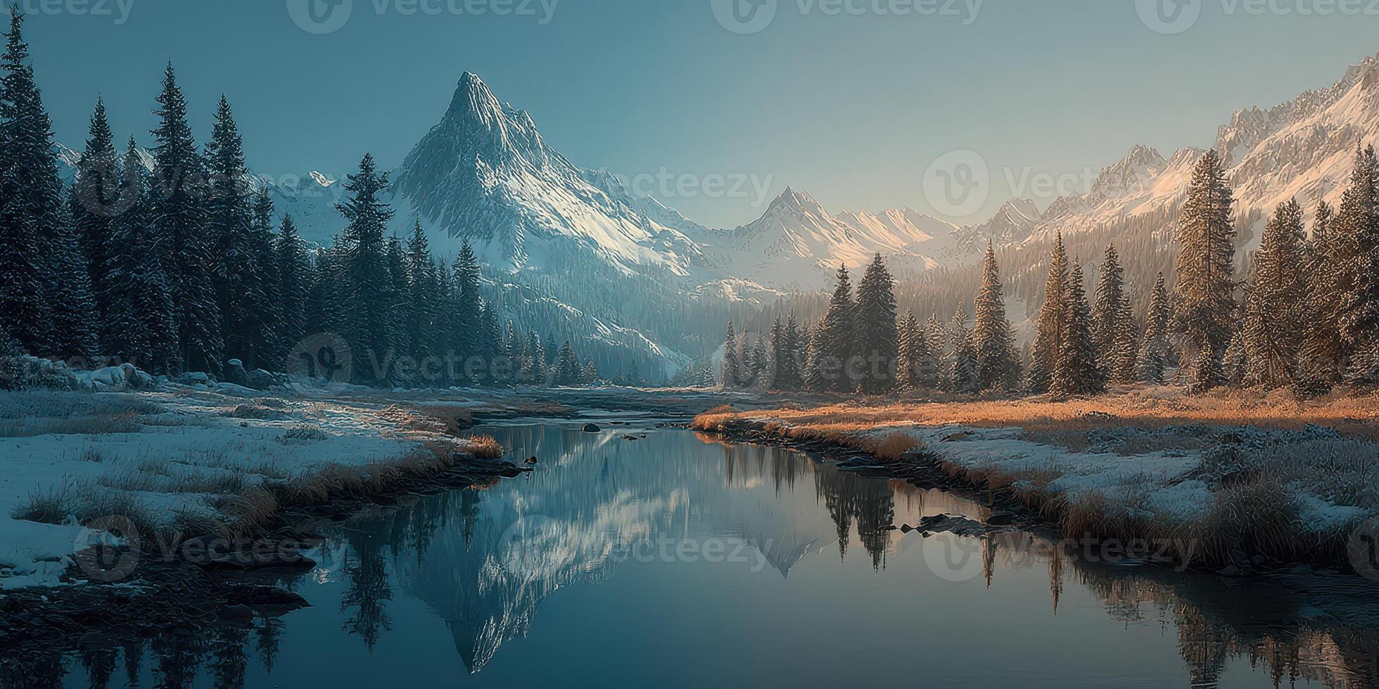 Snowy mountain landscape with a reflective river under a clear sky at dawn in a serene wilderness setting photo