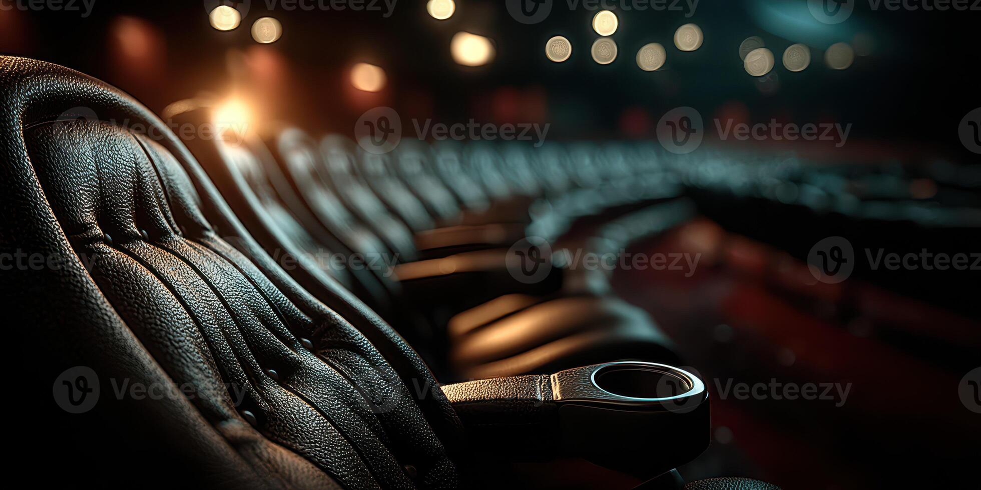 Leather cinema seats arranged in a row with soft lighting creating a warm atmosphere in the theater photo