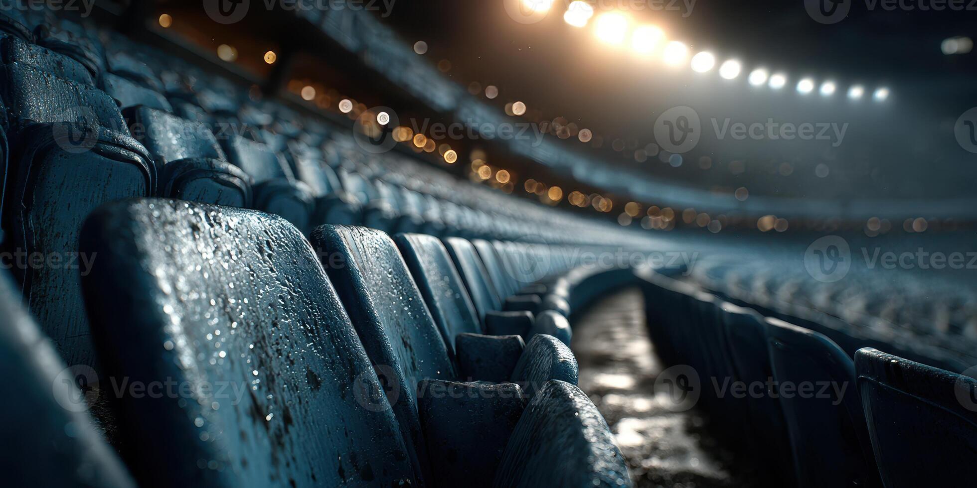 Empty stadium seats glisten with rain as lights illuminate the field at dusk during an event preparation photo