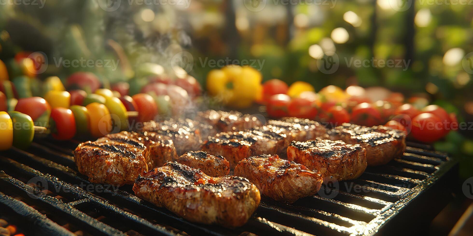 Grilling succulent steaks and colorful vegetables in a vibrant backyard during a sunny afternoon cookout photo