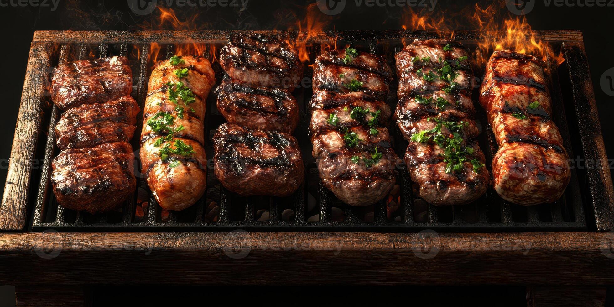 Grilling succulent steaks over an open flame with herbs at a backyard barbecue in the late afternoon photo