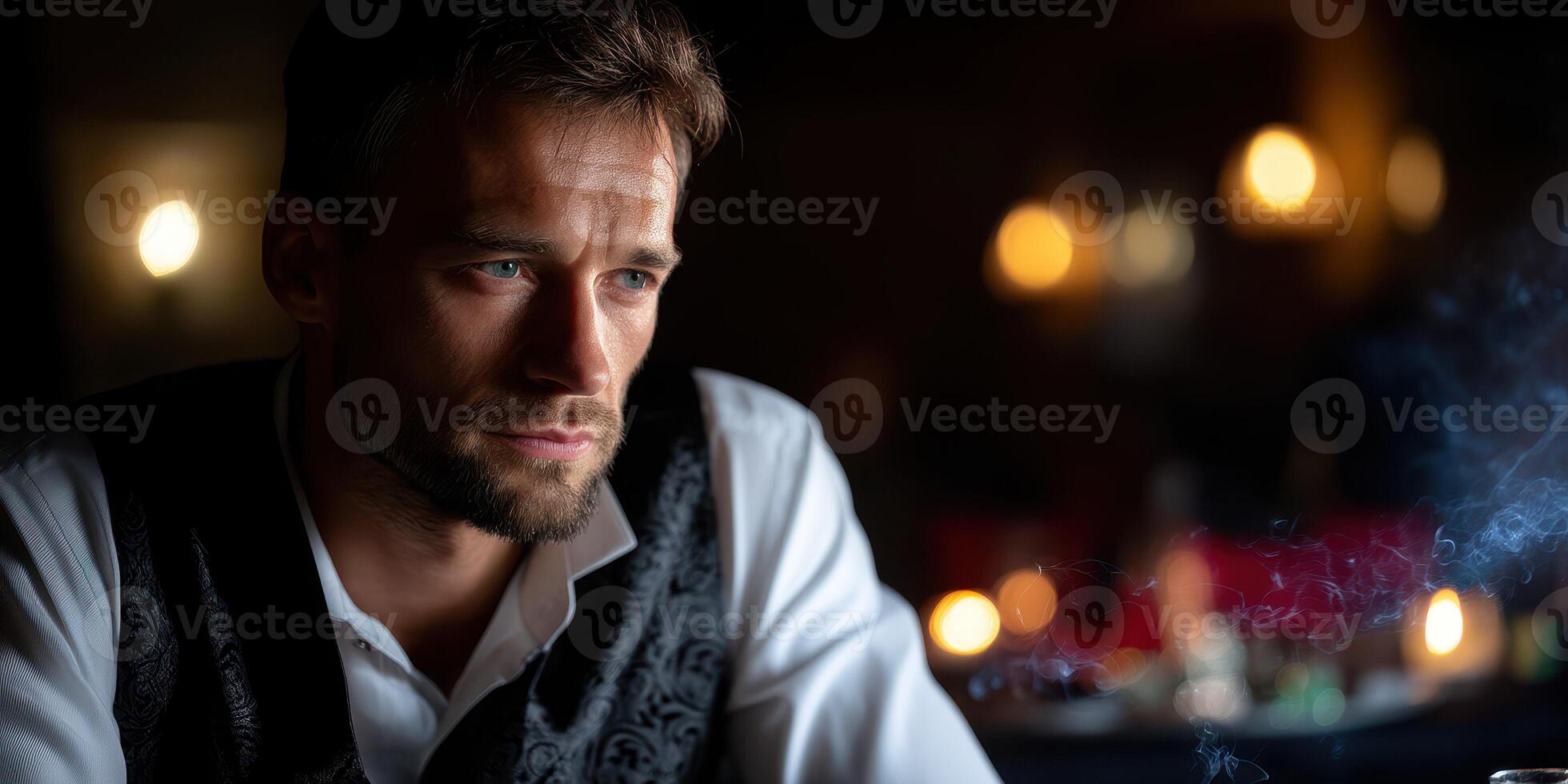 Man in elegant attire reflects thoughtfully in a dimly lit restaurant setting during an evening gathering photo