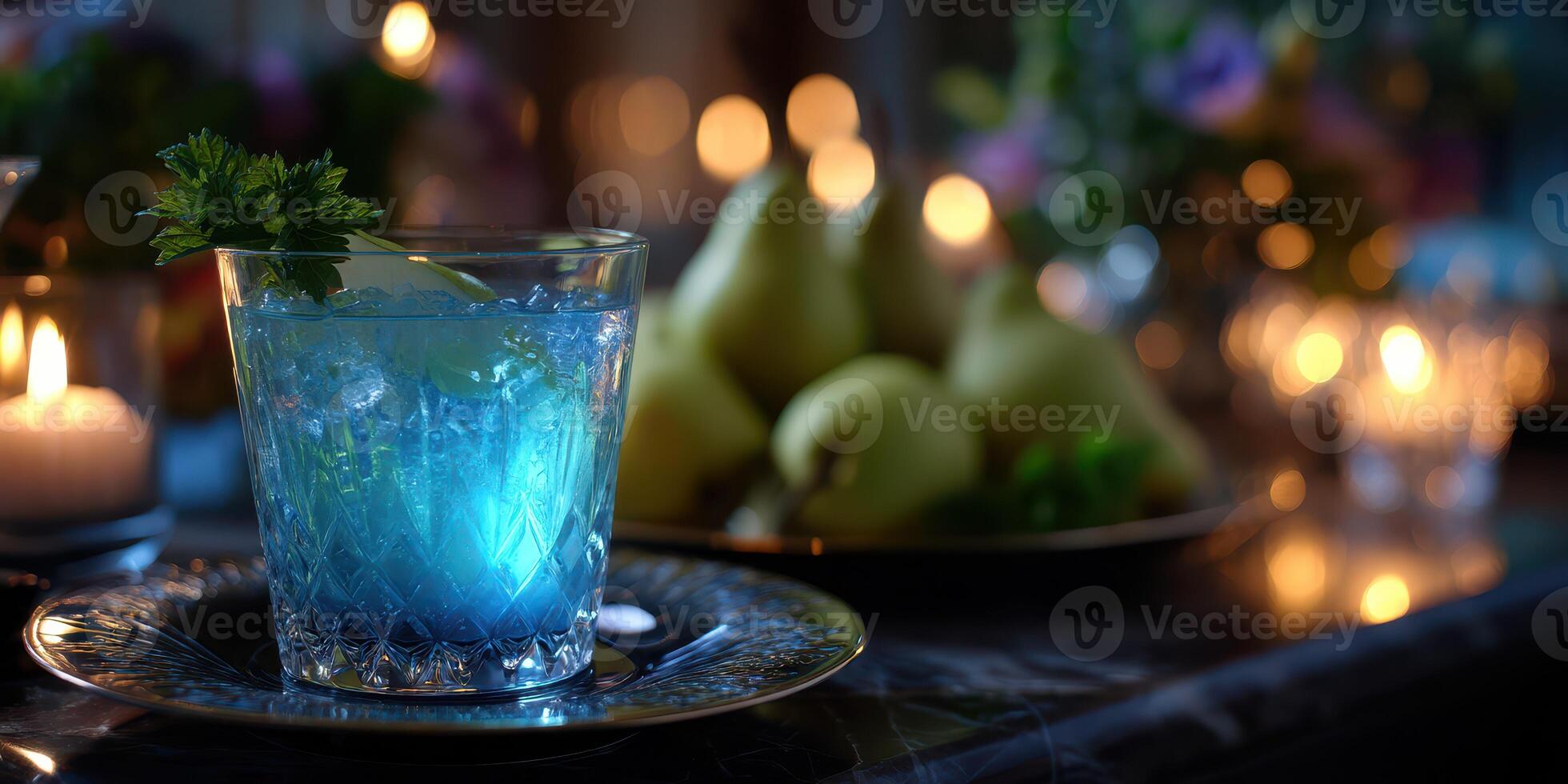 Bright blue cocktail with garnish on elegant table during evening gathering photo