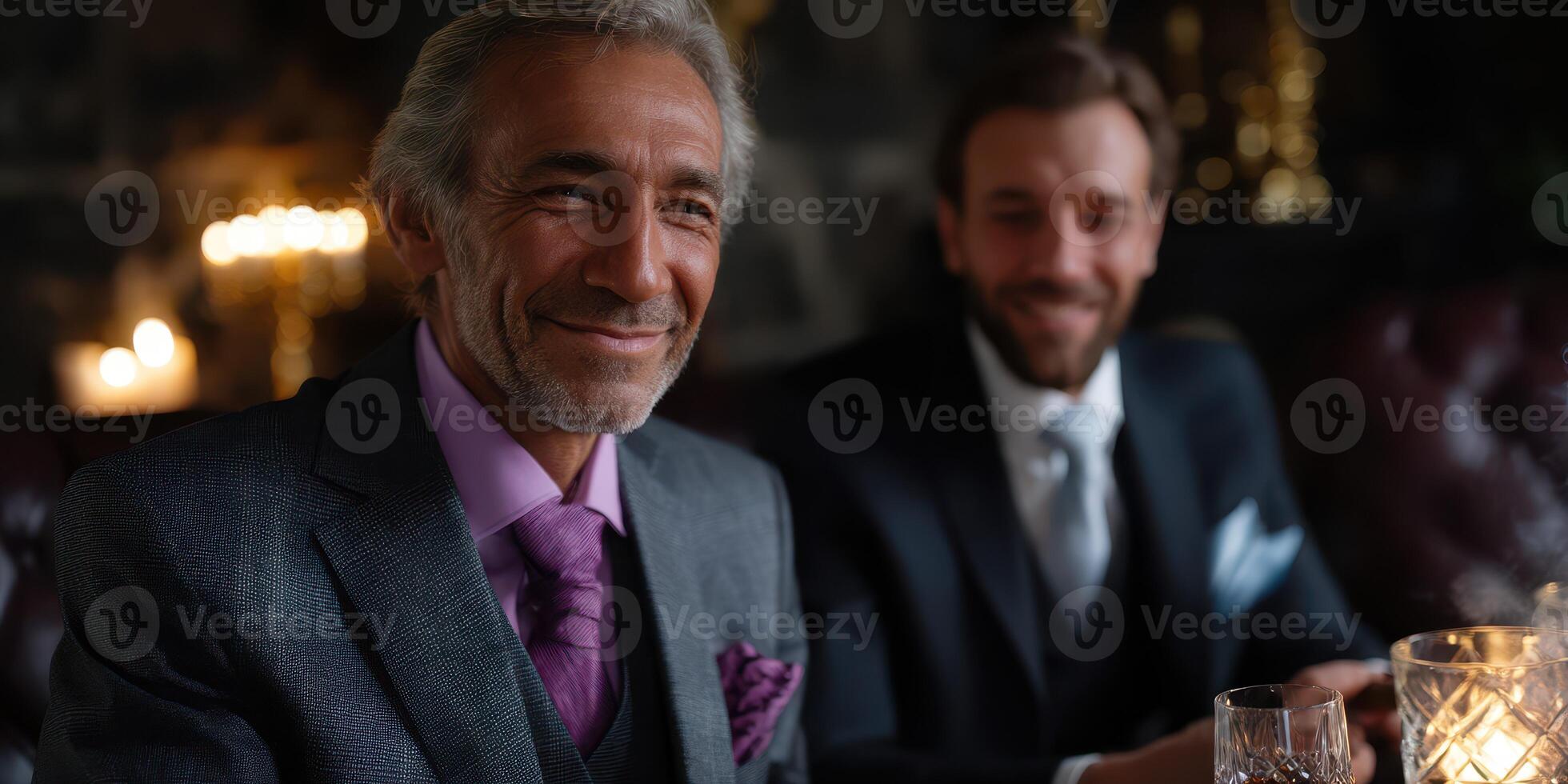 Two men enjoying an elegant dinner in a vintage restaurant setting with warm lighting and sophisticated decor photo