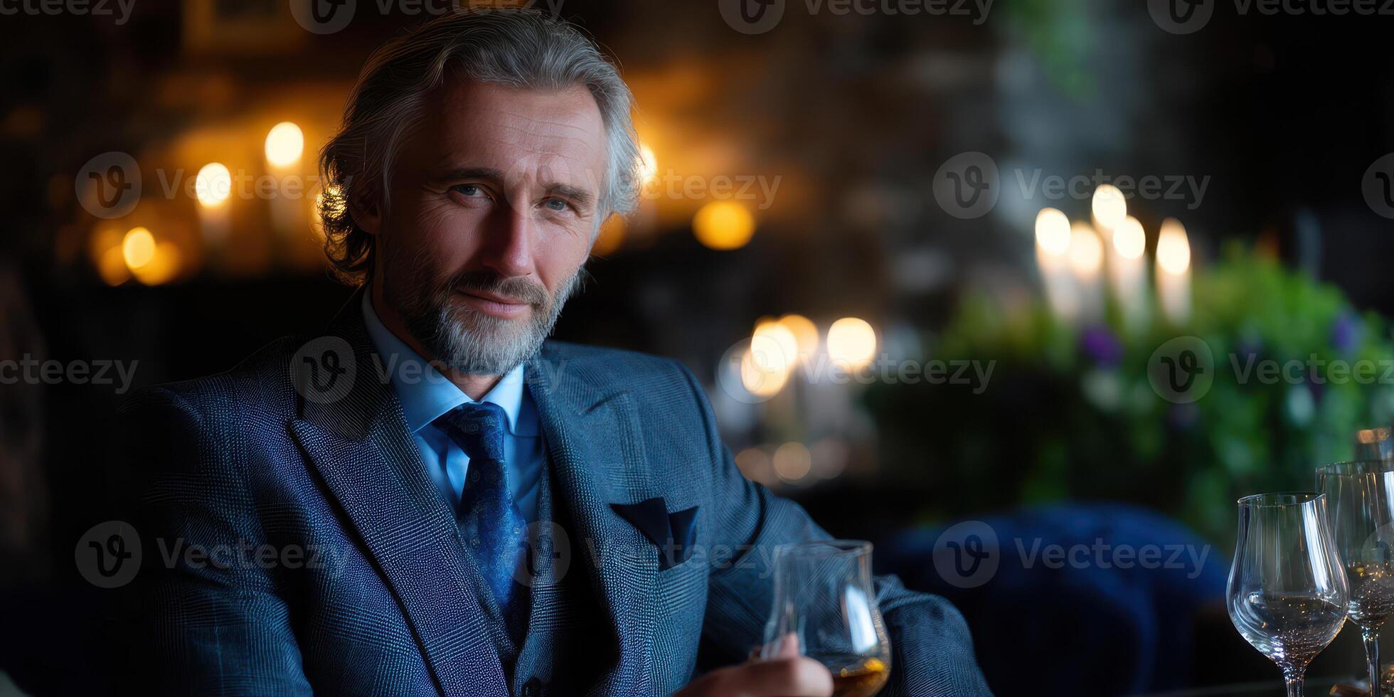 Man in a blue suit enjoying a drink in a dimly lit, elegant bar setting with candles photo