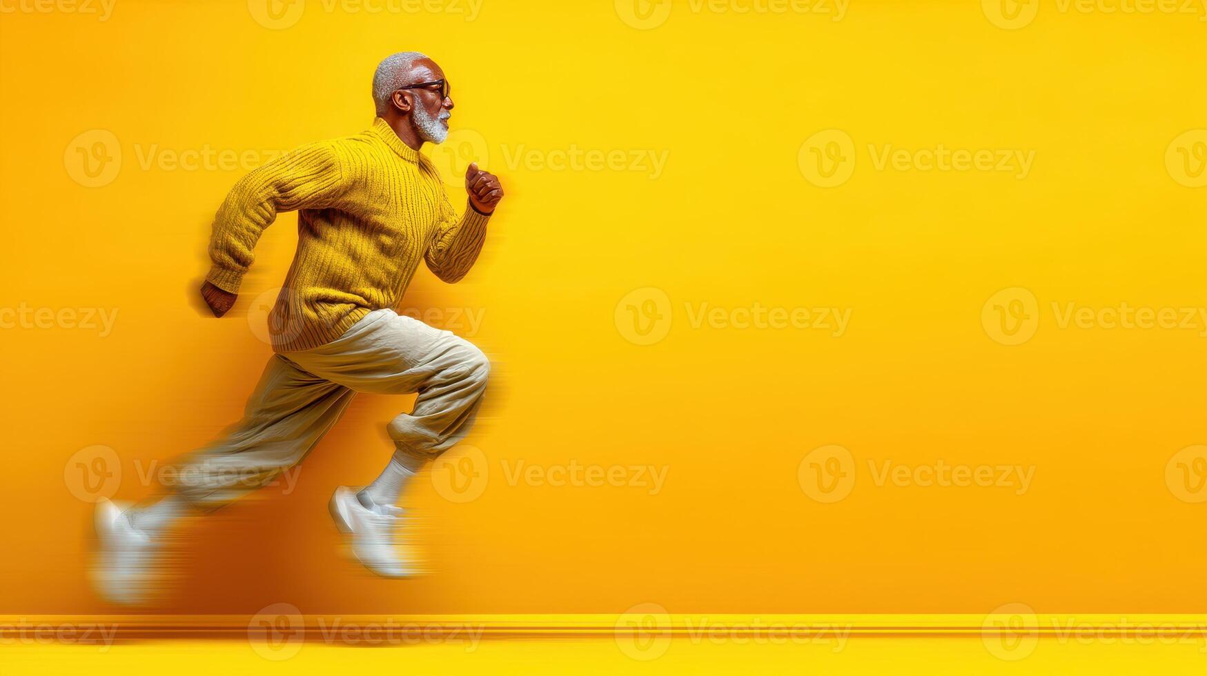 Elderly man running energetically in bright yellow setting during daytime with a cheerful expression photo