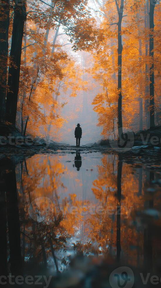 Person stands by a reflective pond surrounded by vibrant autumn foliage in a tranquil forest setting photo