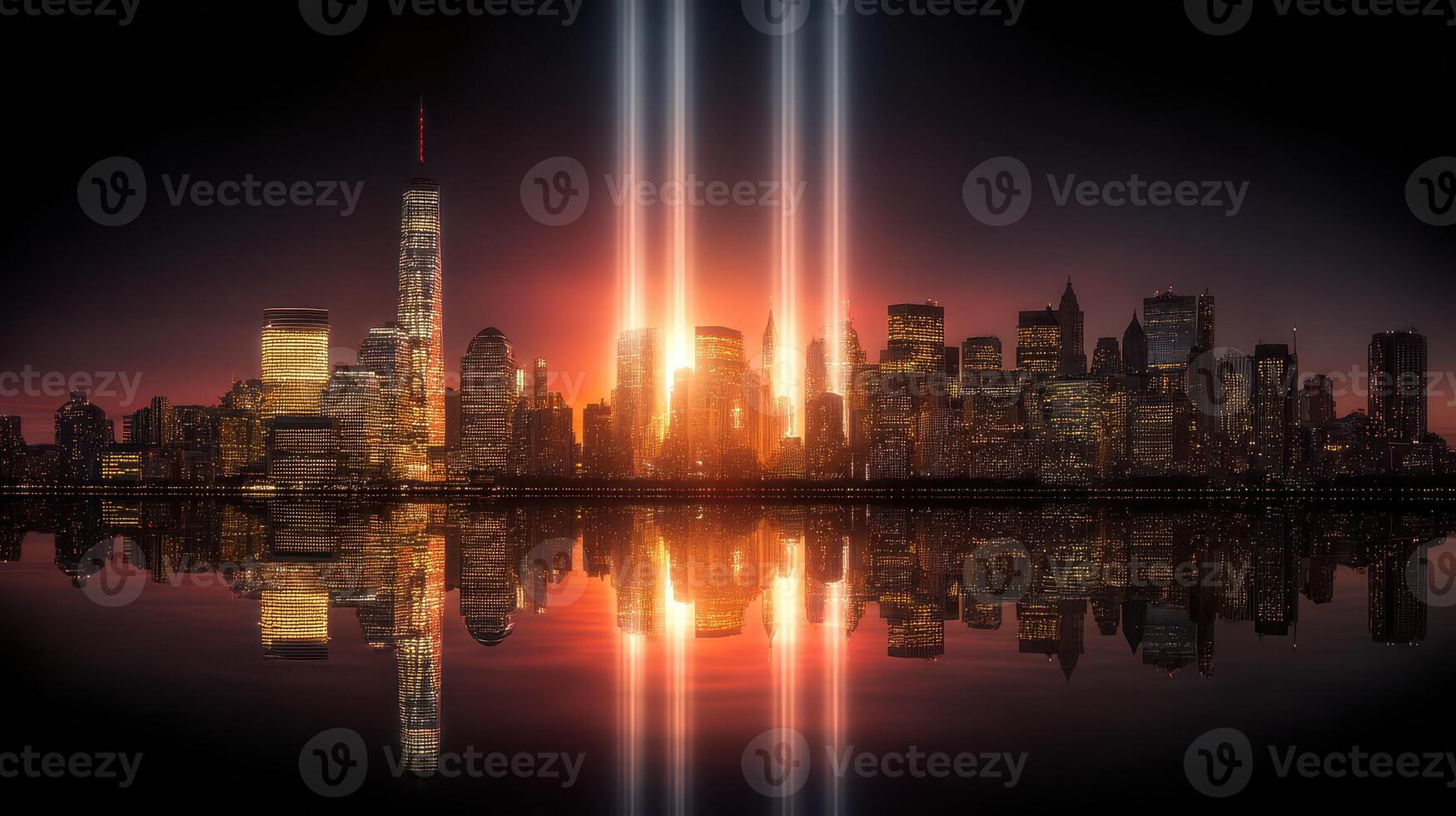 Skyline illumination above New York City reflects on water after sunset creating a striking visual spectacle photo