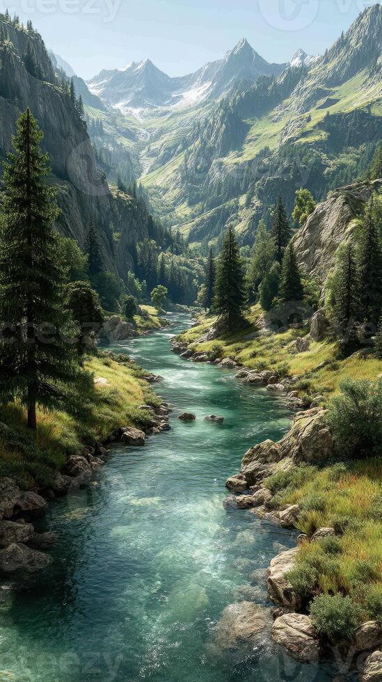 A serene mountain landscape featuring a flowing river and lush greenery during a bright sunny day photo