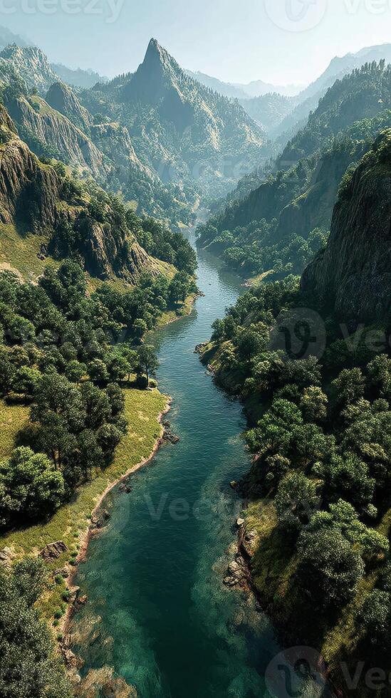 Majestic mountain landscape with a winding river surrounded by lush greenery during midday photo