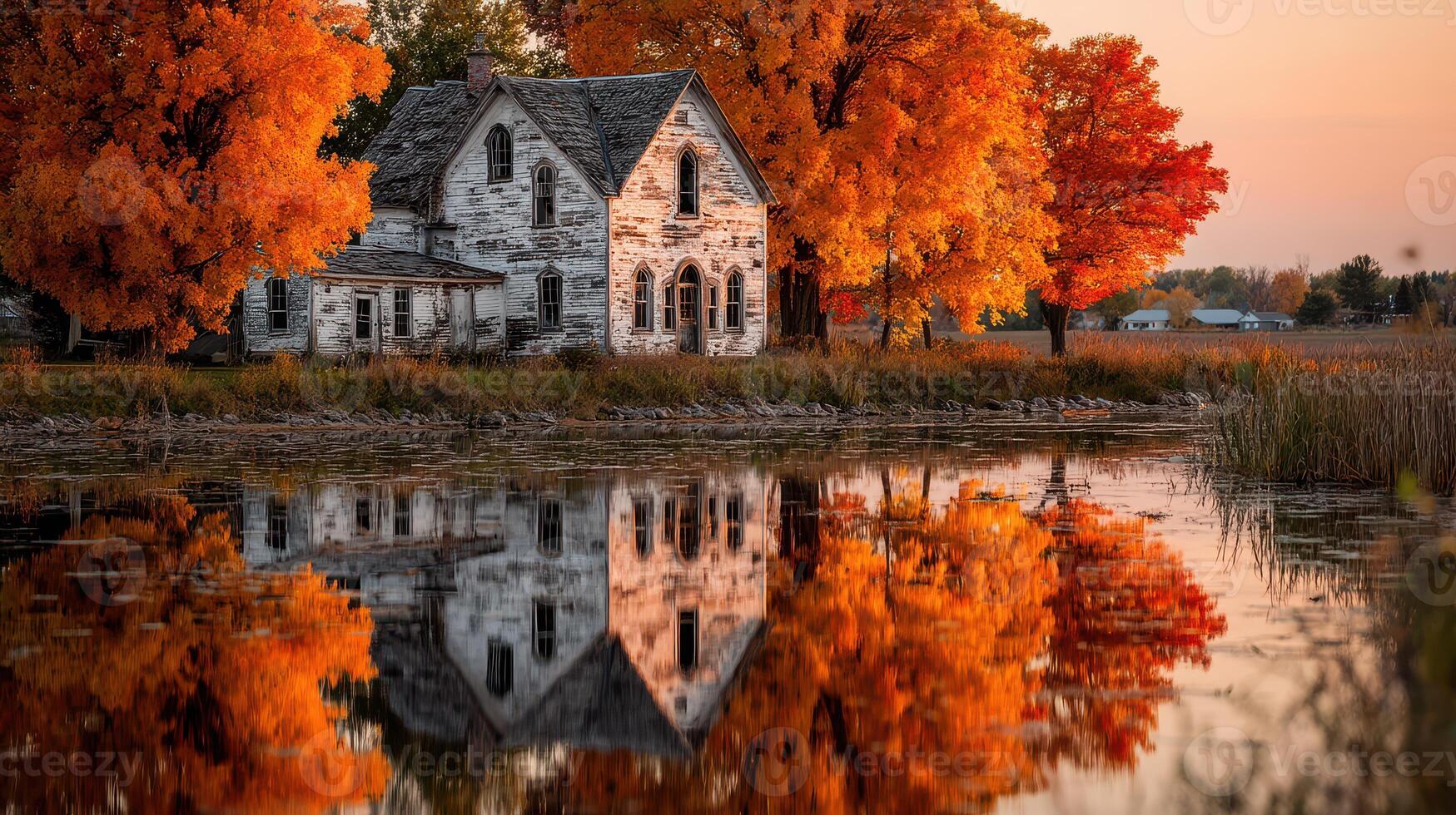 Autumn landscape featuring a rustic house by a tranquil pond surrounded by vibrant orange trees at sunset photo