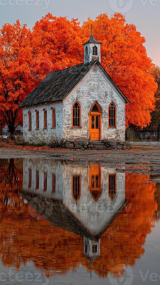 Old church surrounded by vibrant autumn trees reflecting in calm water during sunset photo