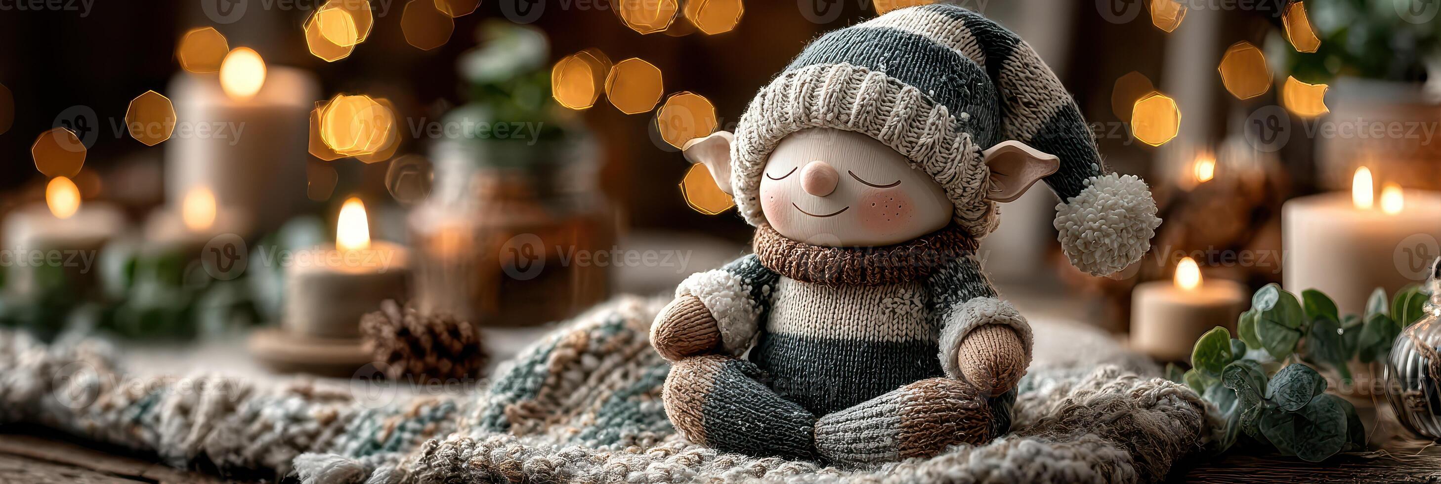 Cute knitted elf doll sitting among candles and decor on a cozy winter evening with soft lighting photo
