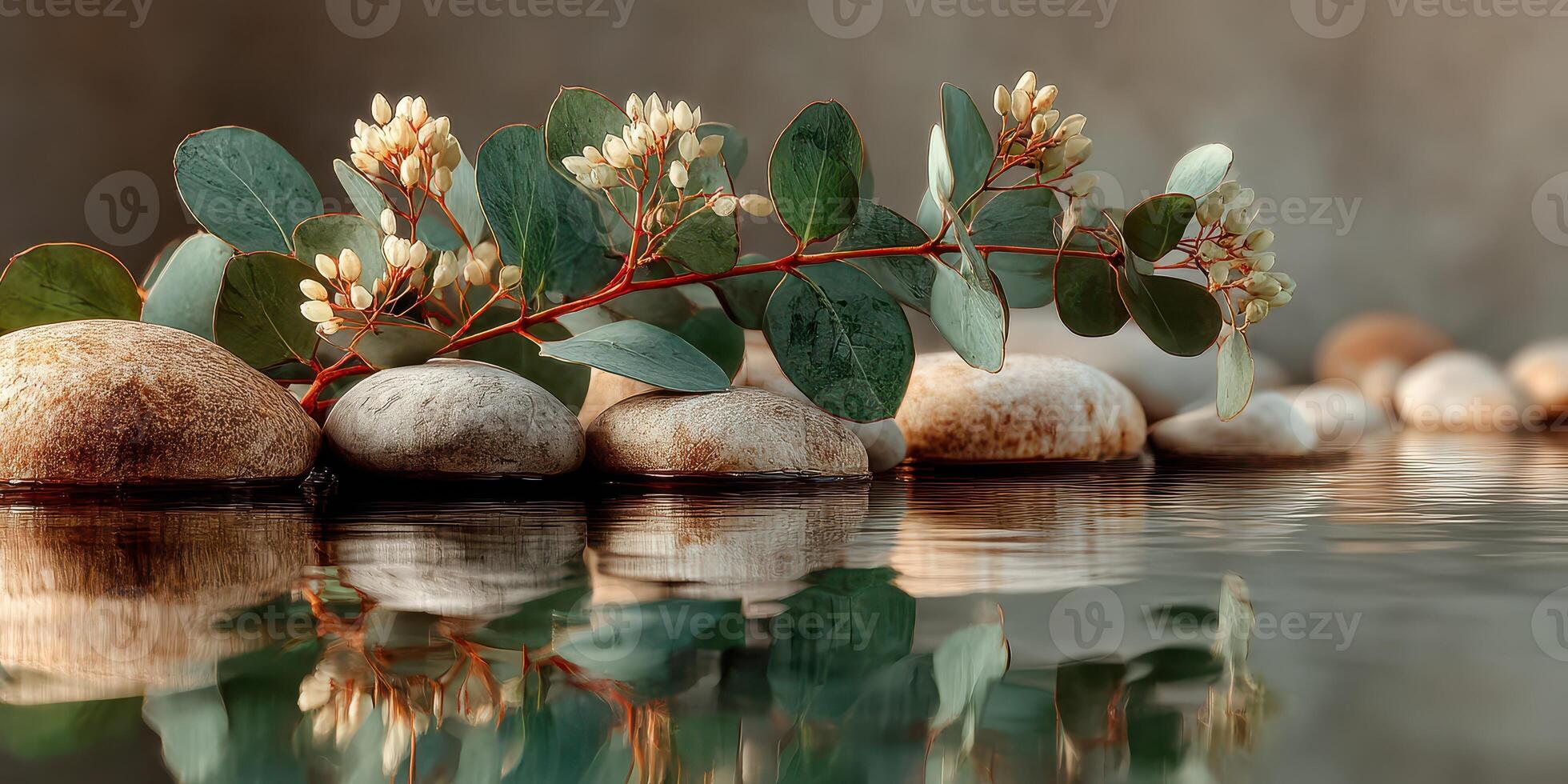 Eucalyptus branches with flowers resting against smooth stones in tranquil water at a peaceful natural setting photo