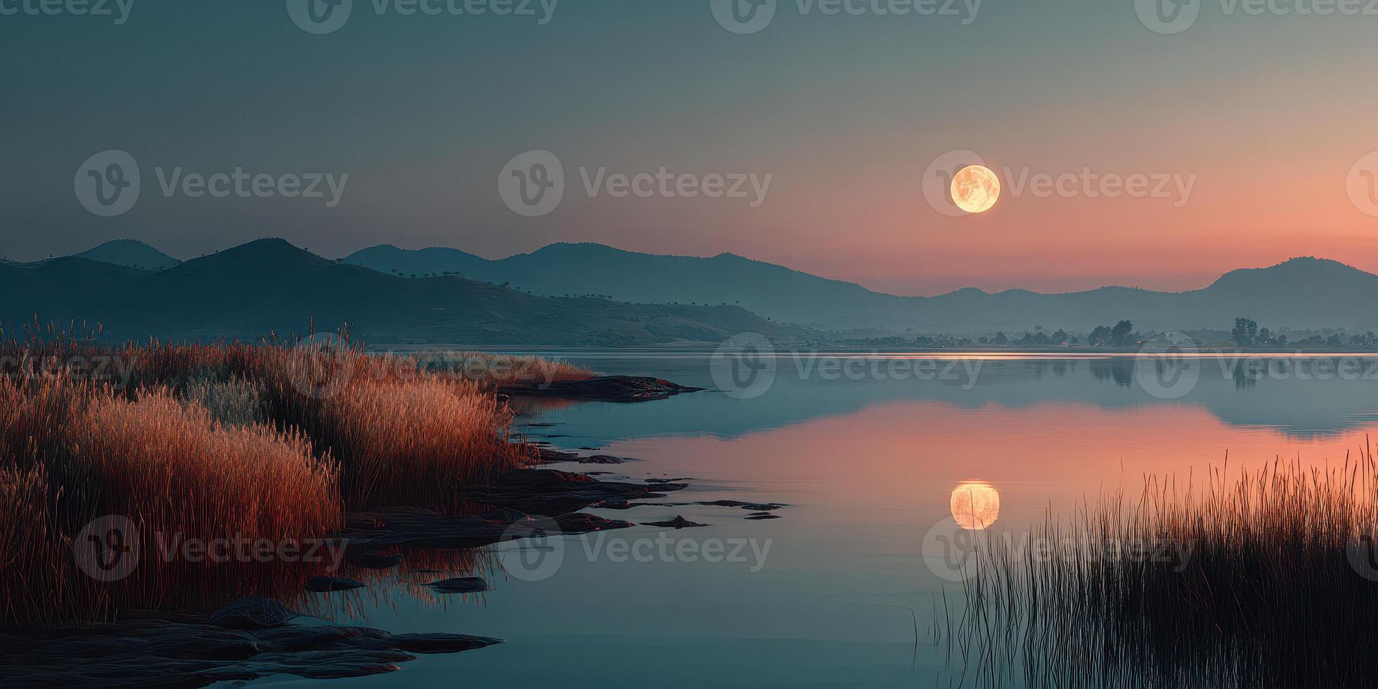 Majestic full moon illuminated over a tranquil lake with silhouettes of mountains during twilight photo