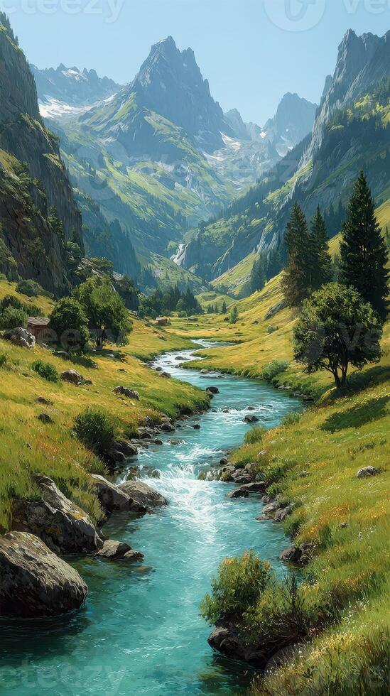 Mountain valley landscape with a winding river under clear skies and lush greenery during daytime in summer photo