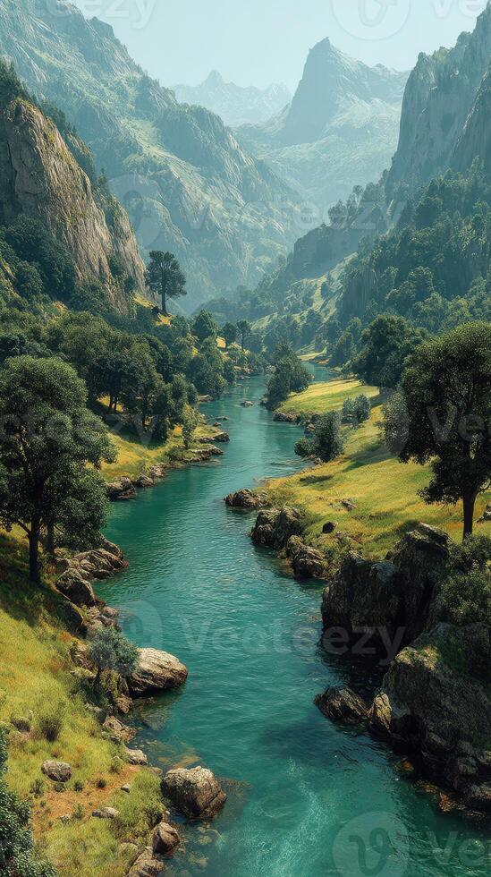 Serene river flowing through lush green valley surrounded by majestic mountains during a clear sunny day photo