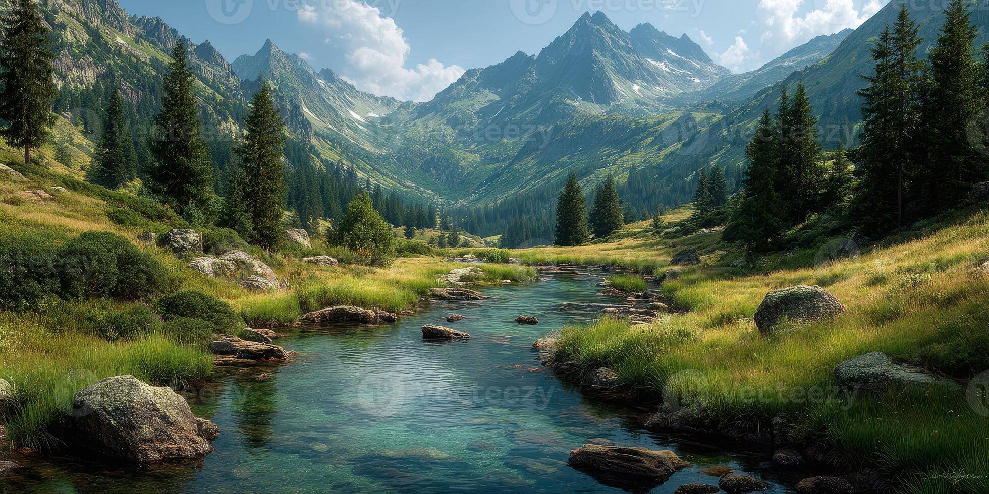 Breathtaking view of a serene mountain valley with a clear river flowing peacefully photo