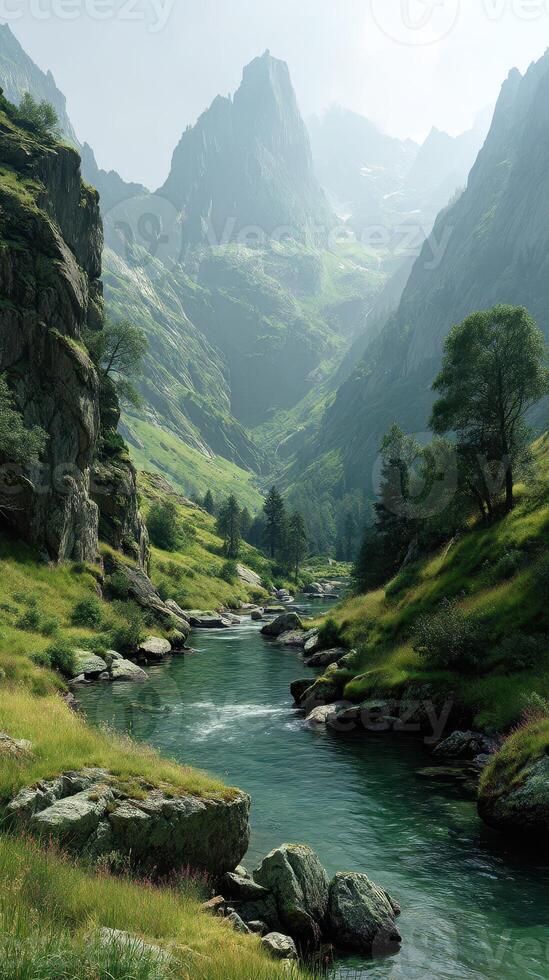 Majestic mountain valley with a flowing river and lush greenery during the early morning light photo